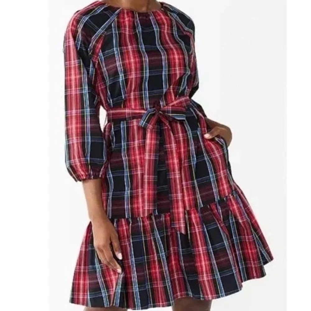Draper James RSVP Preppy Poplin Red Tartan Plaid Holiday Tiered Bow Back Dress M